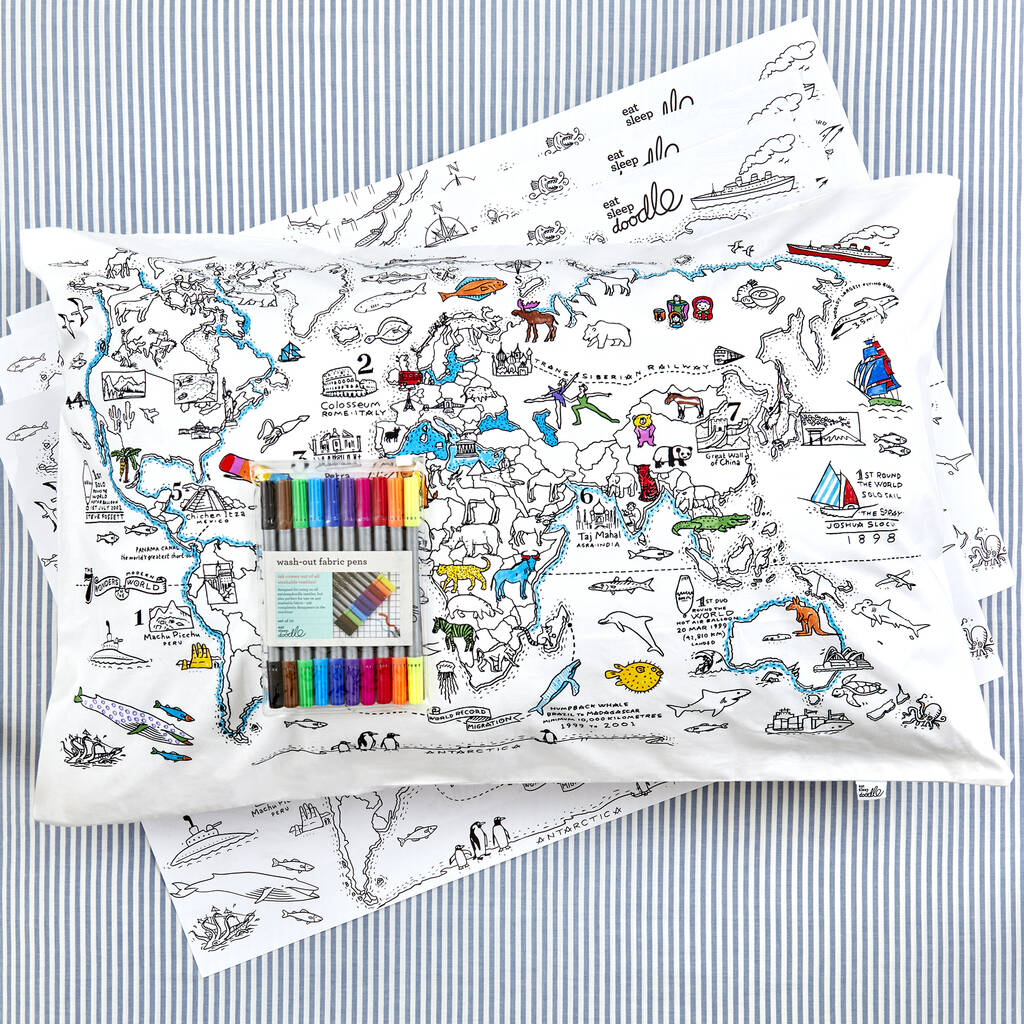 EatSleepDoodle World Map Pillowcase - Colour-In & Learn