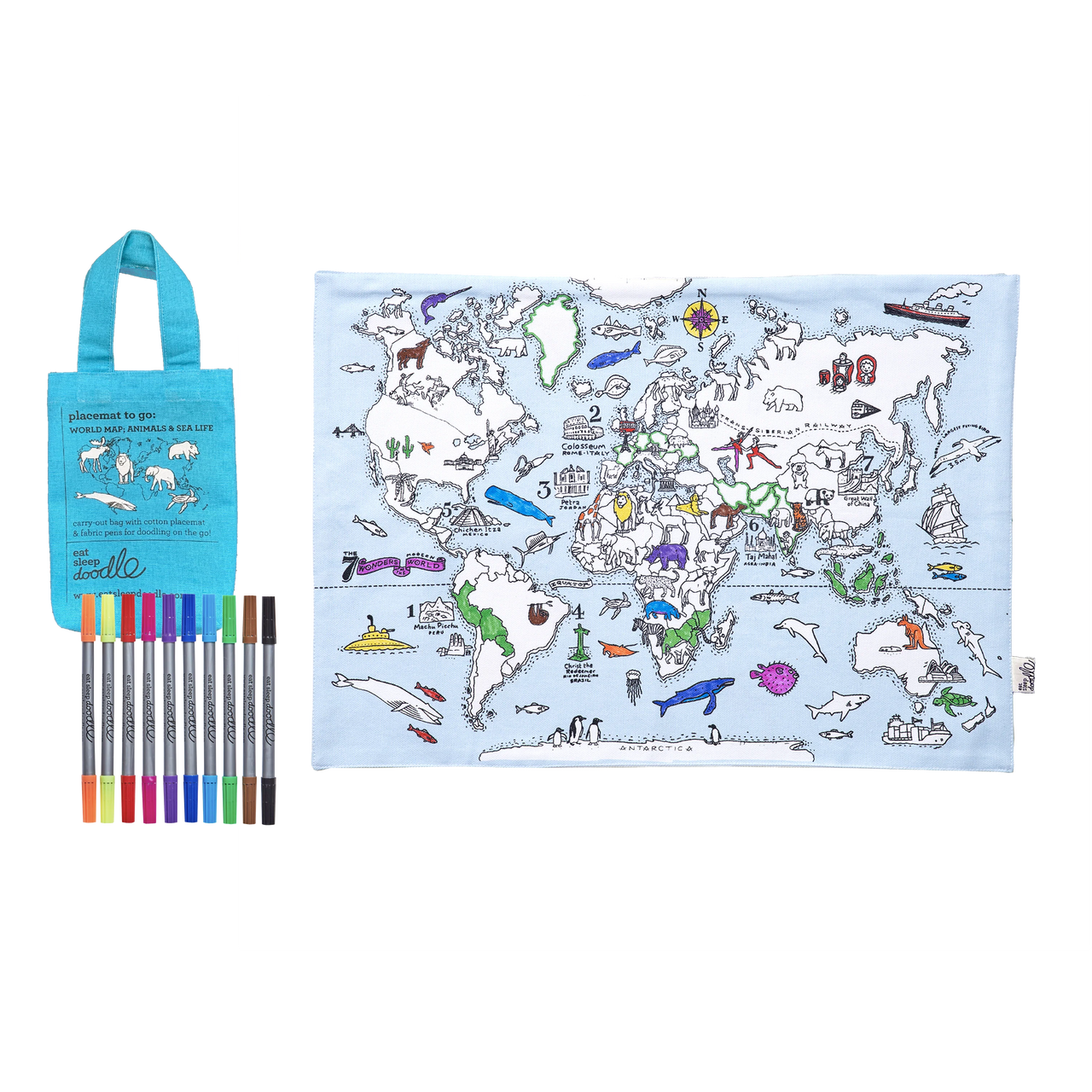 EatSleepDoodle World Map Placemant To Go - Colour-In & Learn